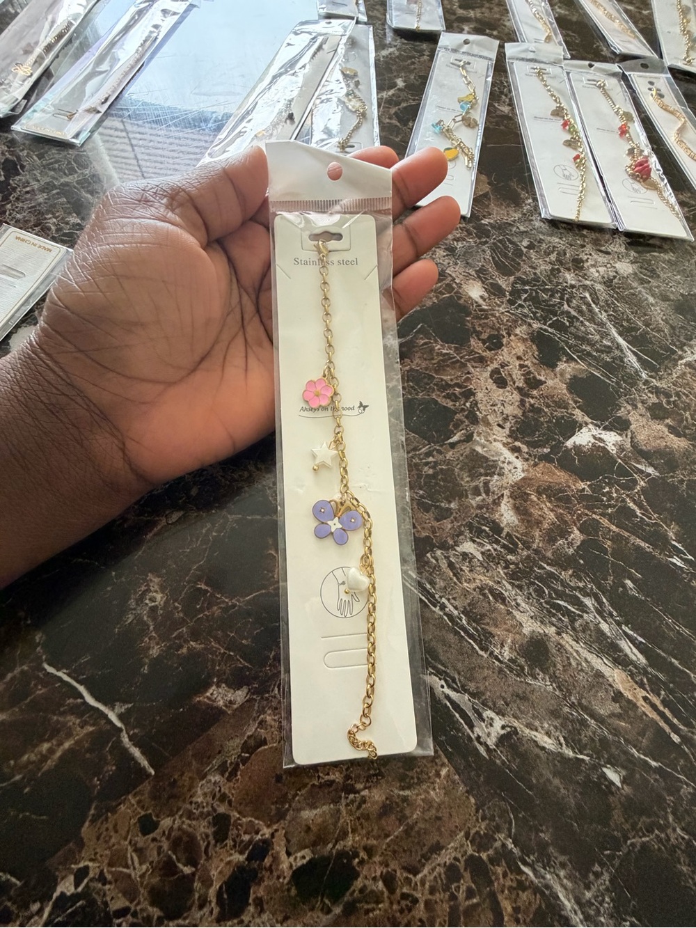Gold Chain Flower Charm Bracelet - Pink & Purple